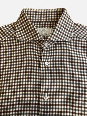 Pini Parma Brown Grey Gingham Cotton Flannel Shirt Tailored Fit 15 38